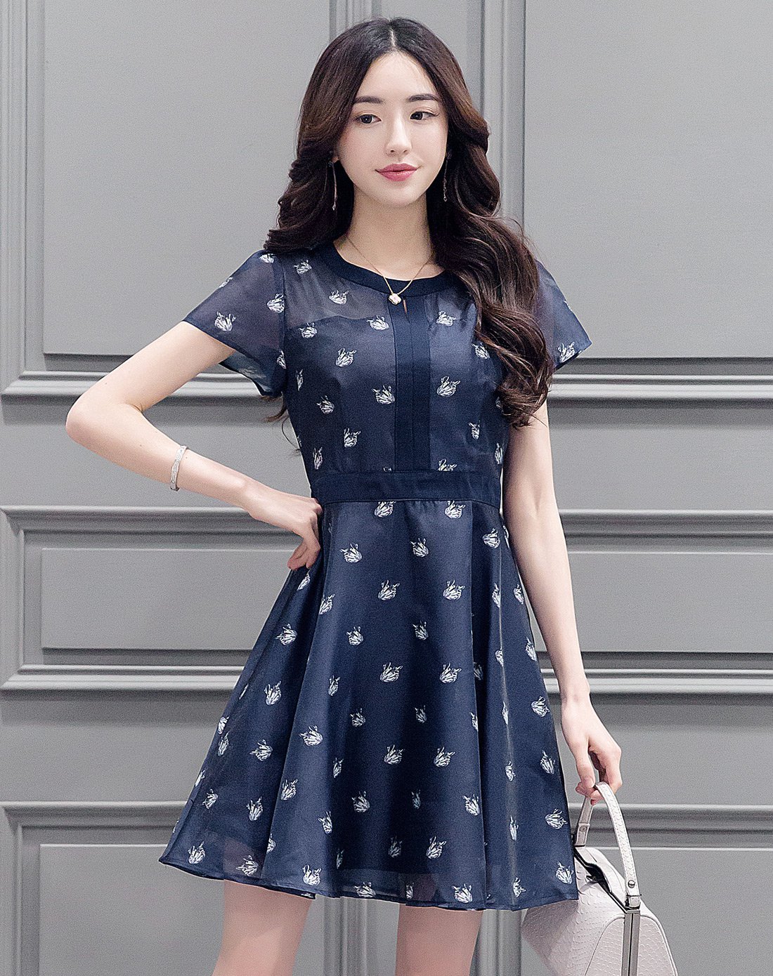 气质淑女简约俏皮斑点印花短袖短款连衣裙