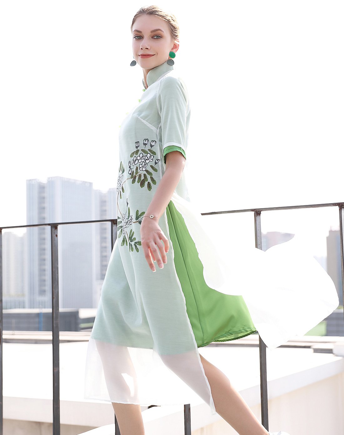 复古立领印花双层下摆改良旗袍连衣裙