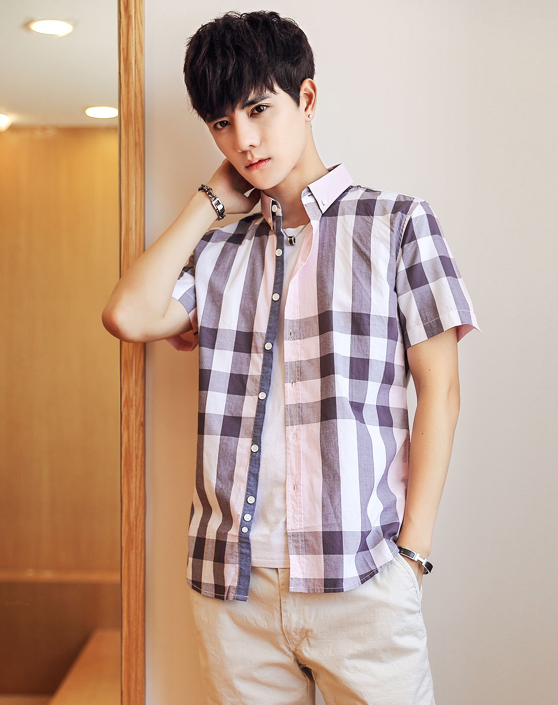 男款大格子短袖衬衫红白格