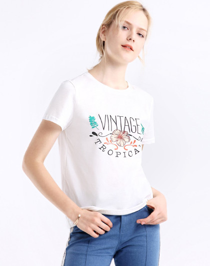 简约时尚花卉印花圆领短袖直身百搭环保棉t恤白色