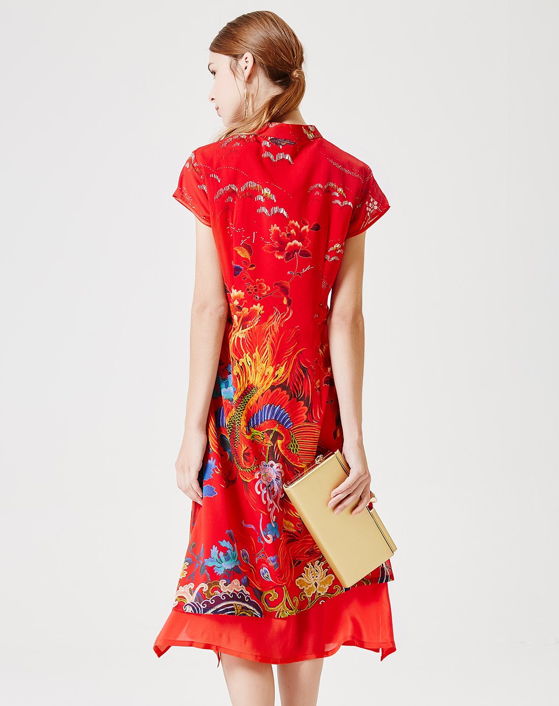 典雅修身凤凰衔枝真丝连衣裙