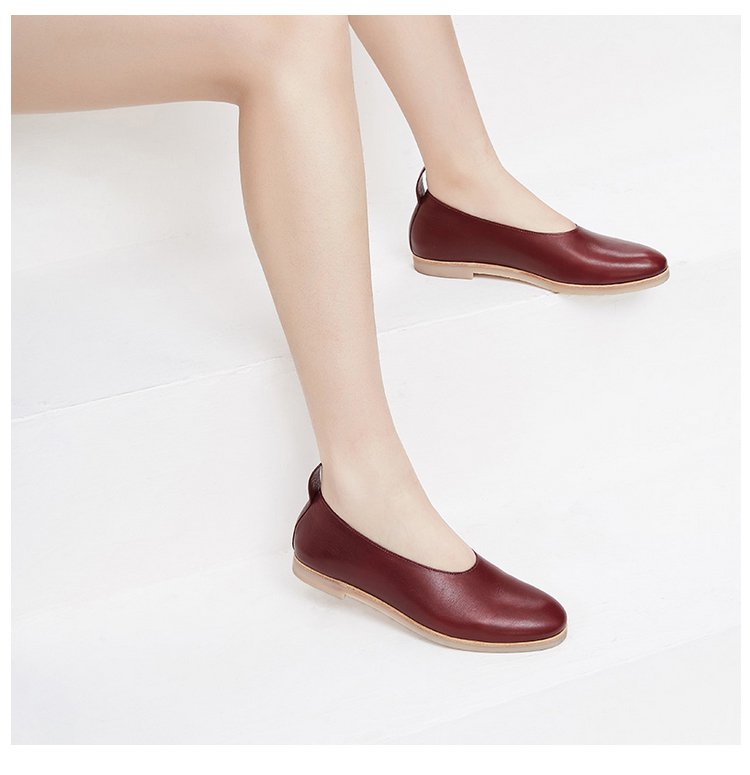 牛皮复古奶奶鞋软底女鞋酒红色