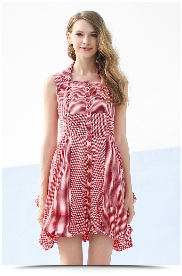 个性时尚格纹开襟无袖连衣裙黄色