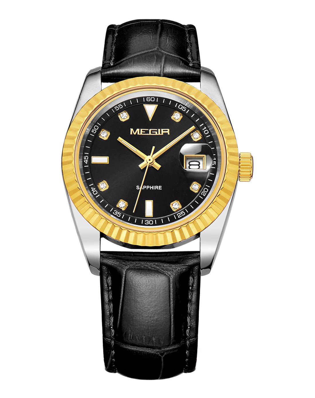 美格尔megir手表专场 megir 进口机芯放大日历男士皮带石英表白面黑带