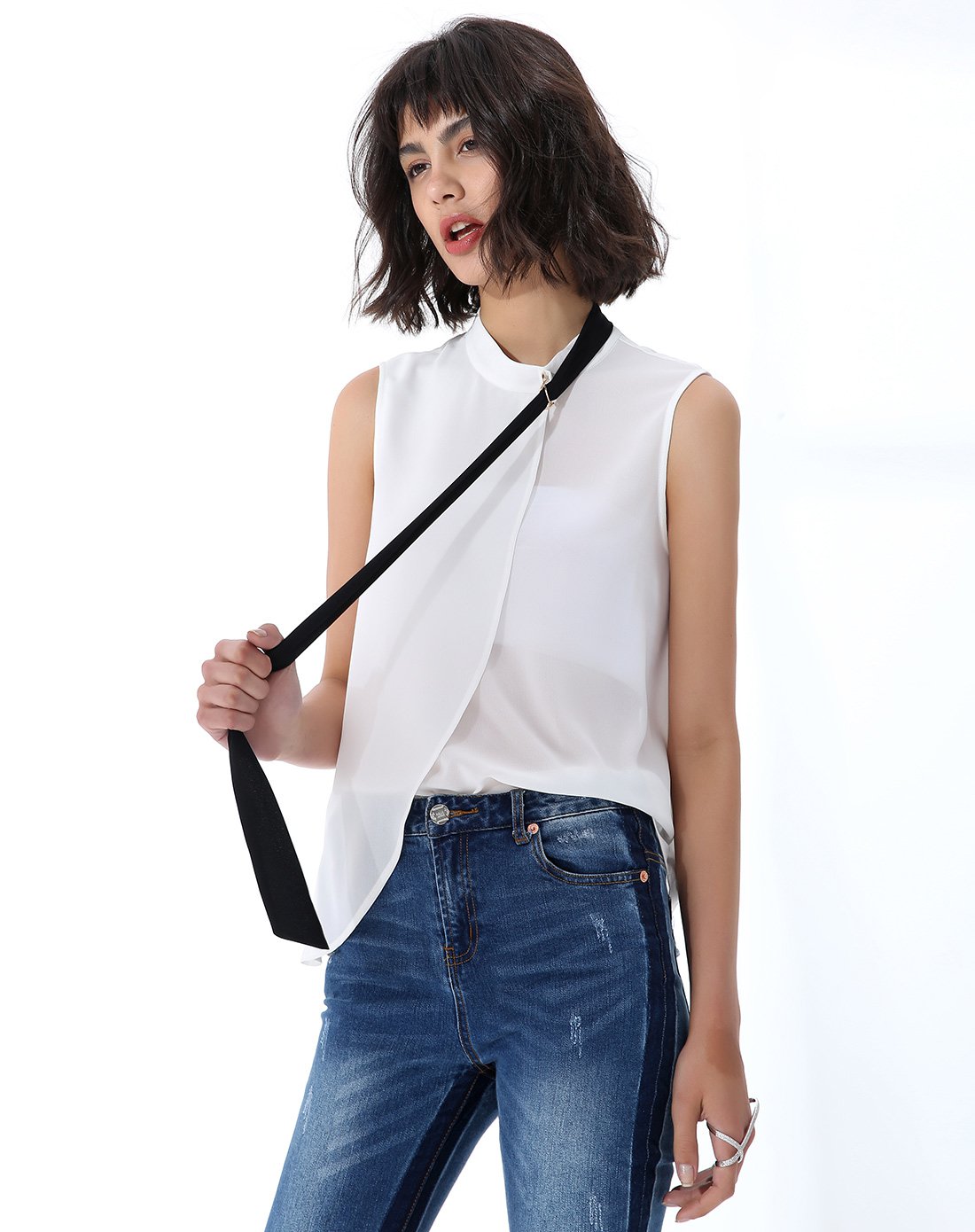 甜美雪纺拼接斜门襟小衫