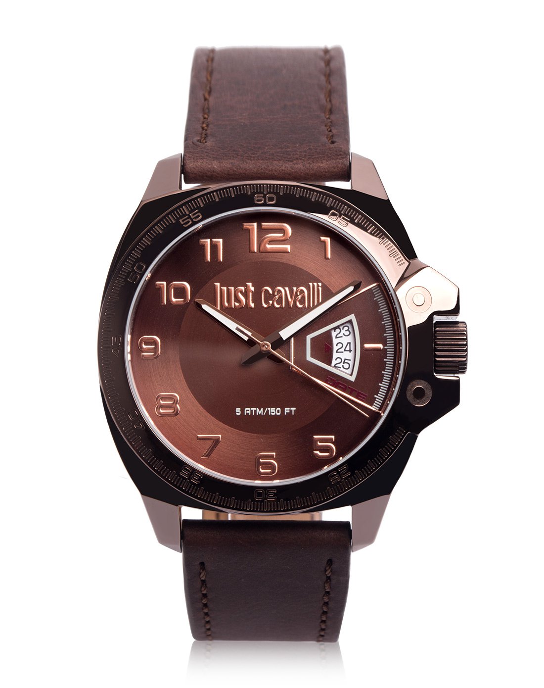 just cavalli俊朗系列男款日历小窗牛皮表带石英腕表