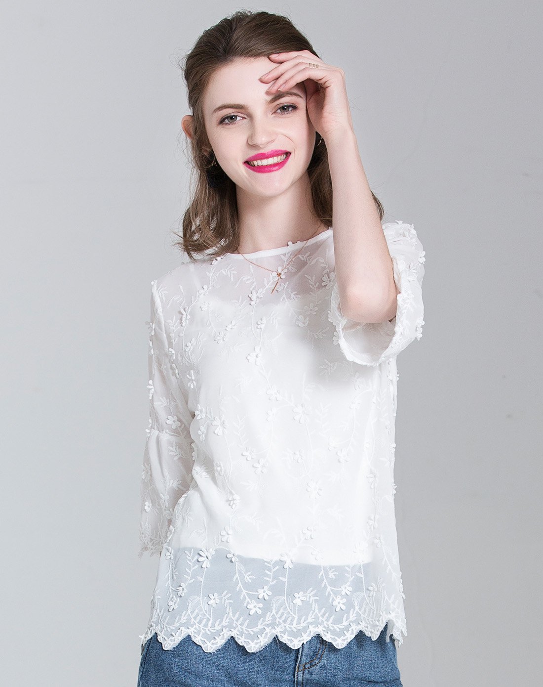 慕诗涵 气质甜美立体花朵真两件上衣t恤女装