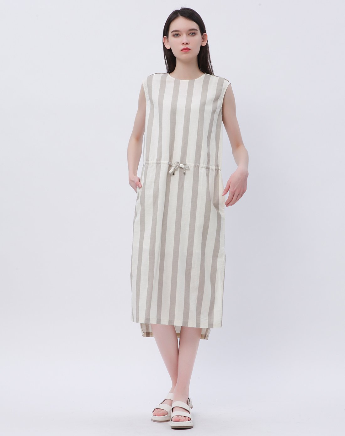 女款烟灰宽条纹收腰连衣裙