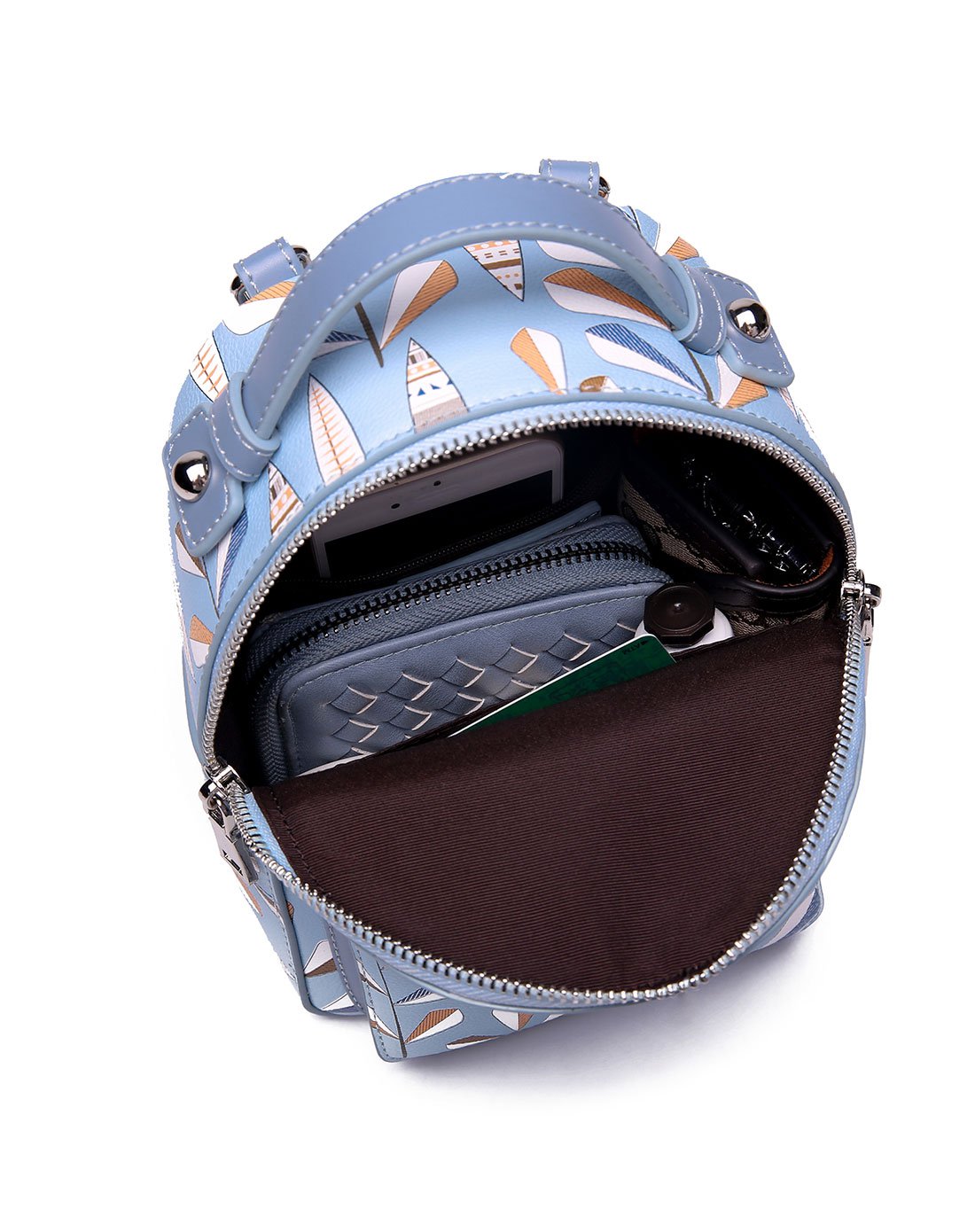 2017新品印花学院风双肩包百搭mini包女包浅蓝色