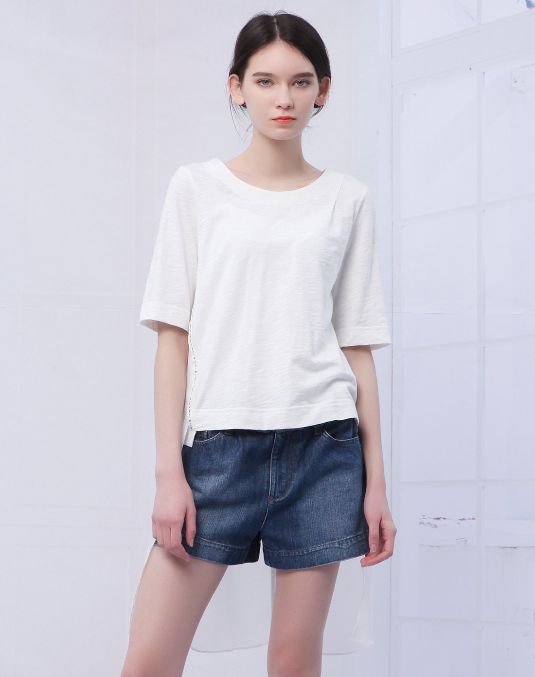 y女款本白拼雪纺不对称t恤t1639161b_唯品会