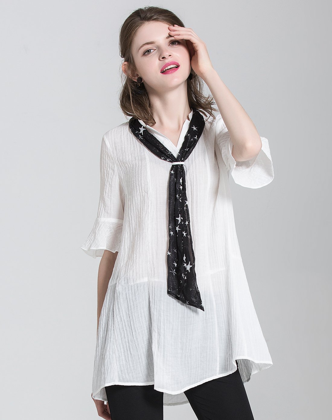 慕诗涵 荷叶袖系蝴蝶结a型上衣t恤女装上衣