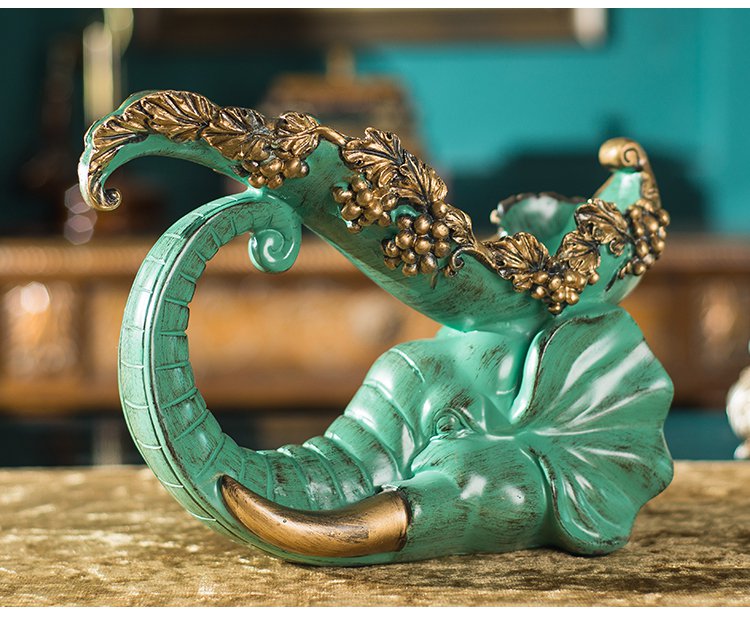 树脂雕刻复古绿贴花大象酒架家居摆件