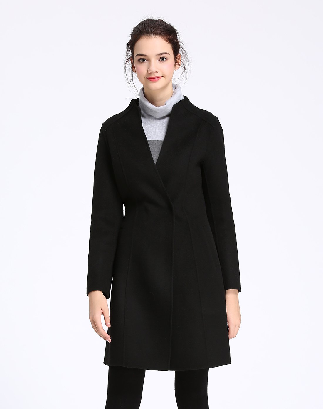 女式大衣暗扣插袋立领女款外套羊毛大衣中长款毛呢大衣羊毛双面毛呢