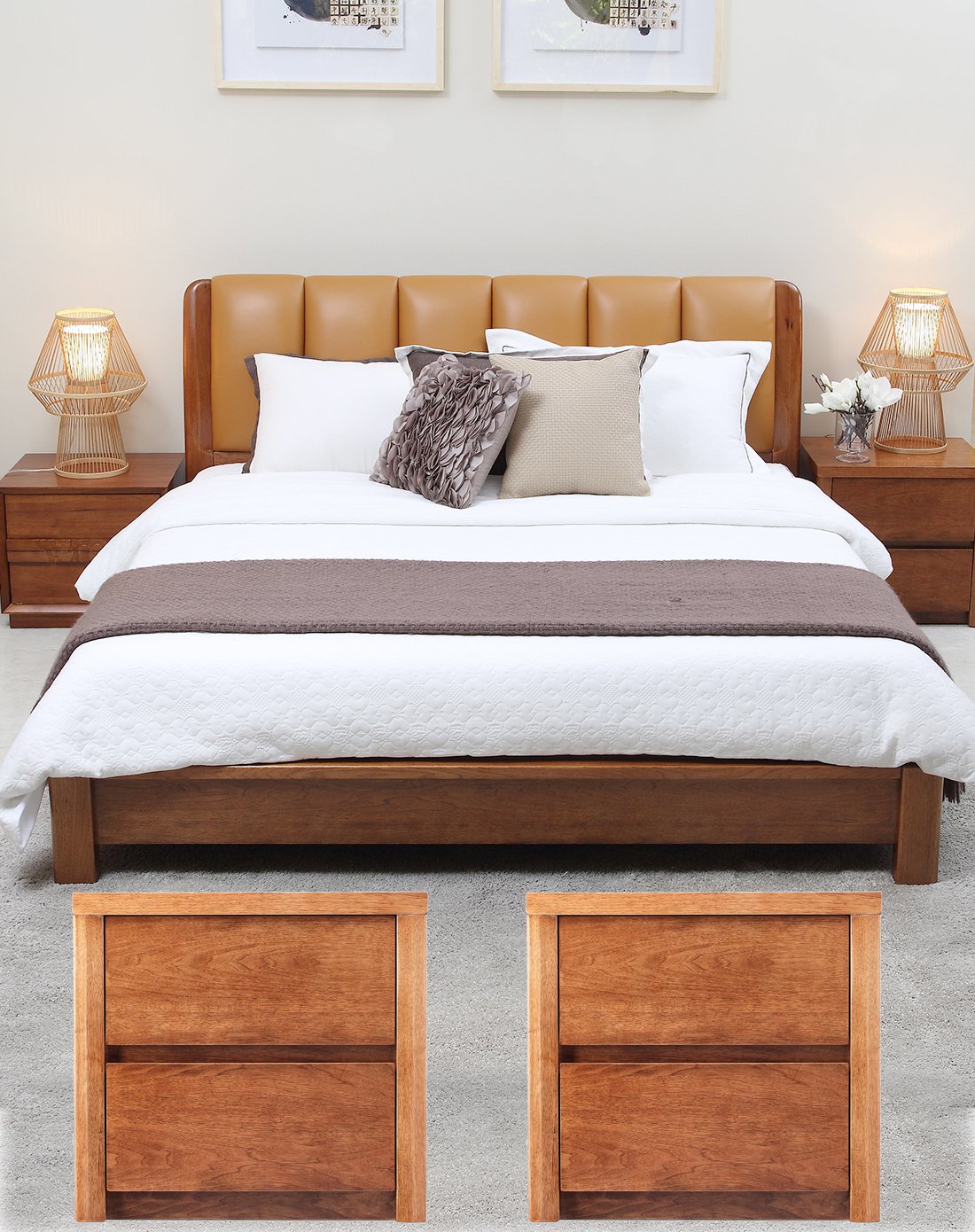 联邦中式皮艺排骨架楸木床 床头柜*2 床