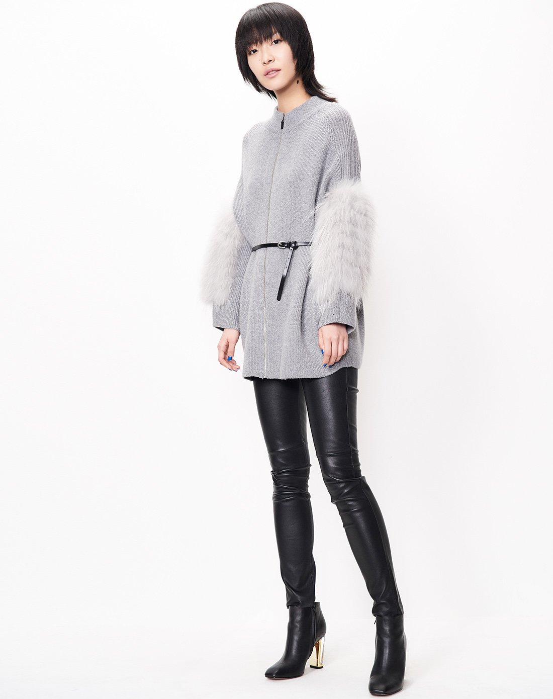 灰色羊毛针织文艺皮草拼接拉链开衫外套
