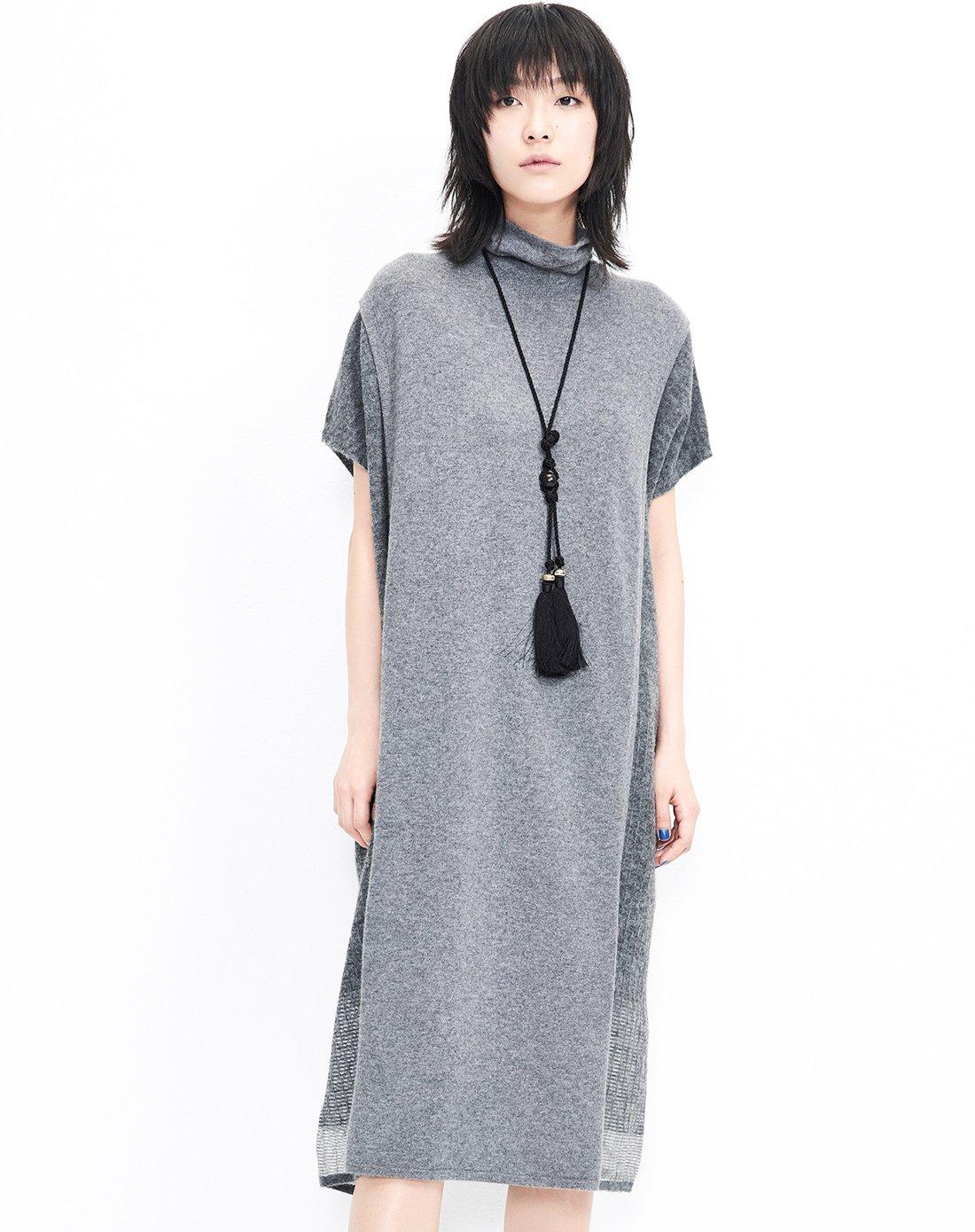 灰色 高领不对称茧型针织连衣裙