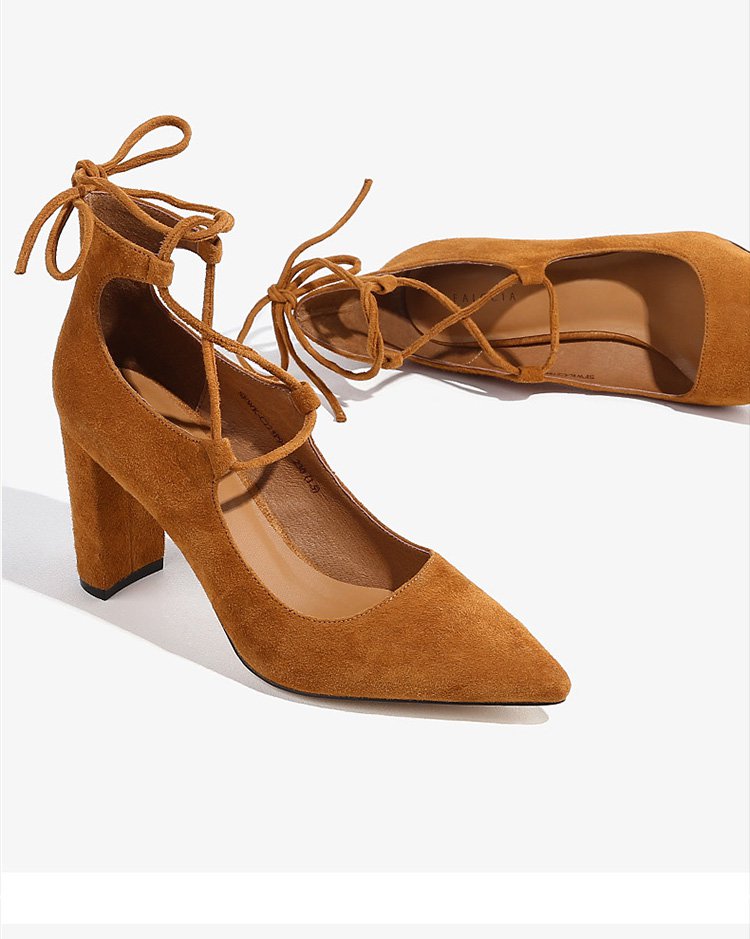 羊京皮尖头系带高跟单鞋