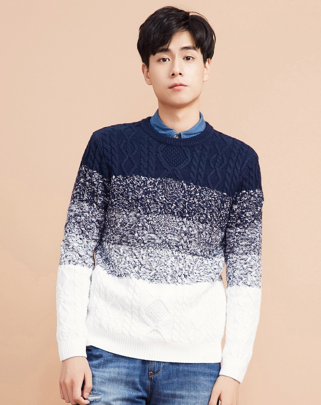 美特斯邦威胡一天明星同款男条纹绞花毛衣2017冬新款