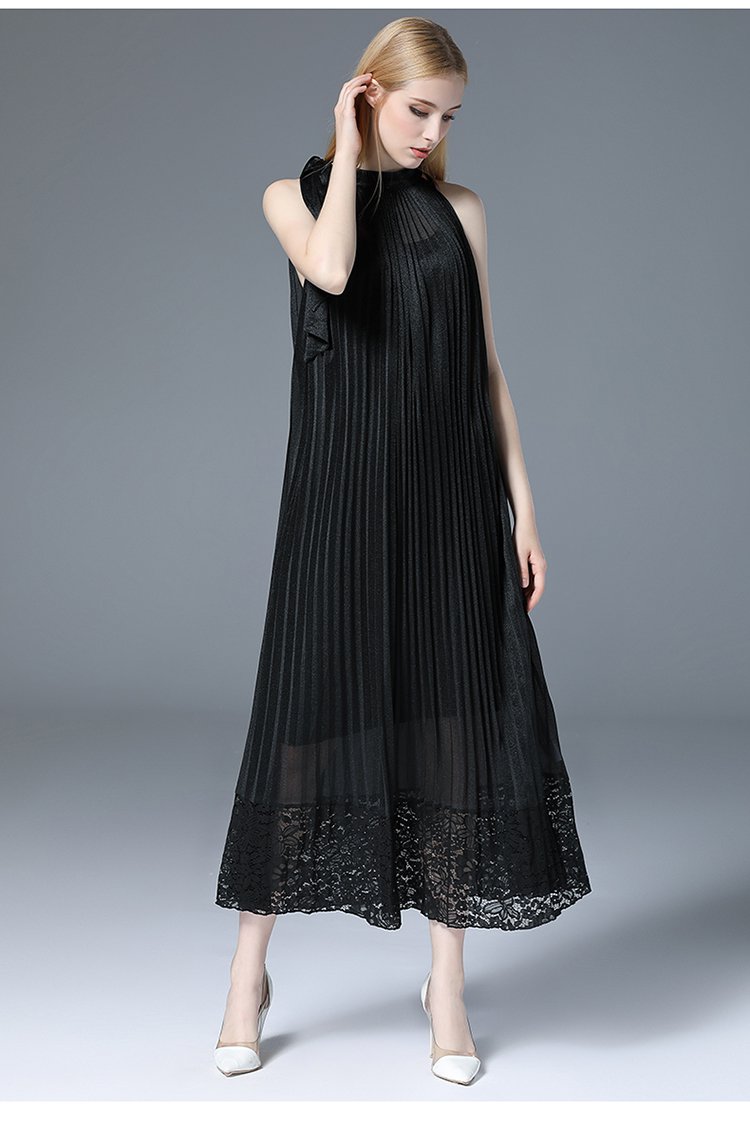 黑色无袖高端百褶蕾丝拼接系带长款连衣裙
