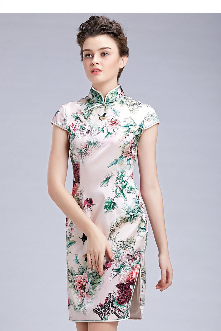 女款牡丹花印花真丝旗袍