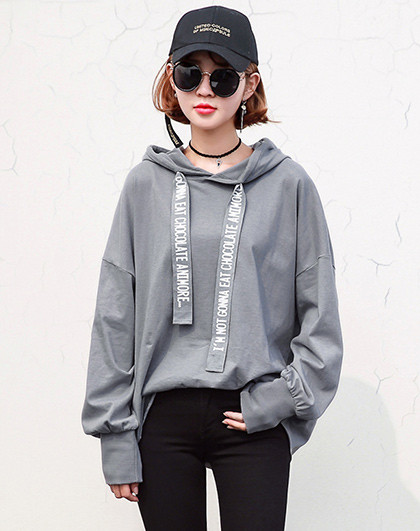 宽松显瘦帅气韩风减龄抽带连帽字母印花长袖卫衣