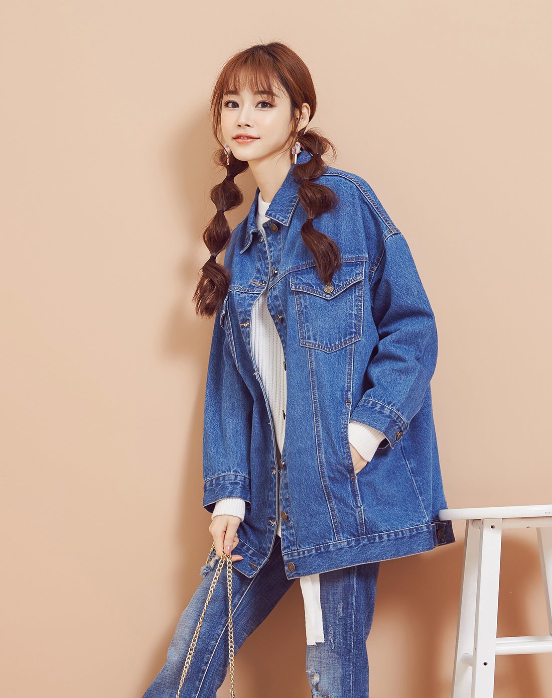 美特斯邦威牛仔夹克磨破长款牛仔外套女