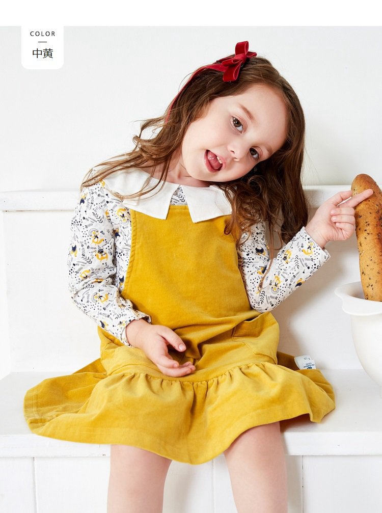 mini balabala女童连衣裙秋季新款宝宝灯芯绒背带裙荷叶边m