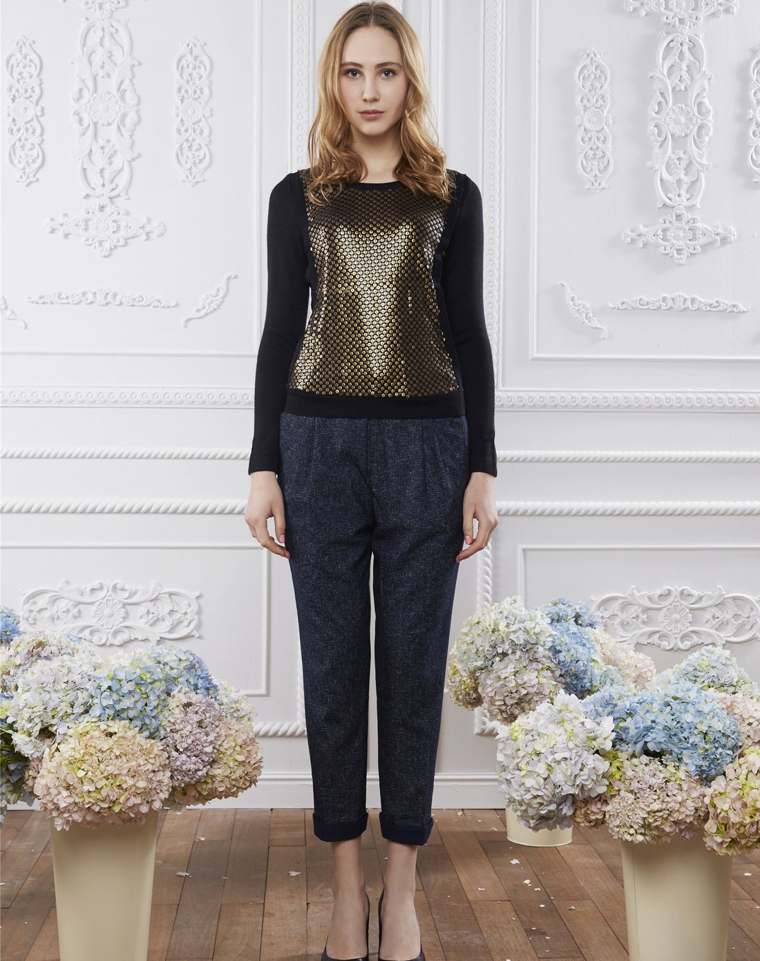 michelle moissac女装专场 米歇尔摩萨克时尚亮片修身百搭长袖上衣女