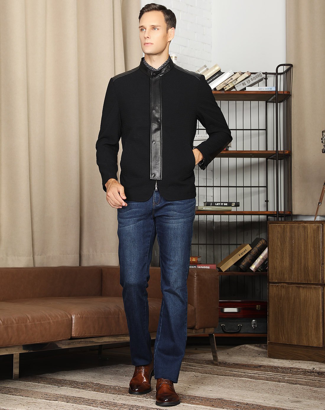 羊毛混纺帅气拼皮立领男士便装(标准版)