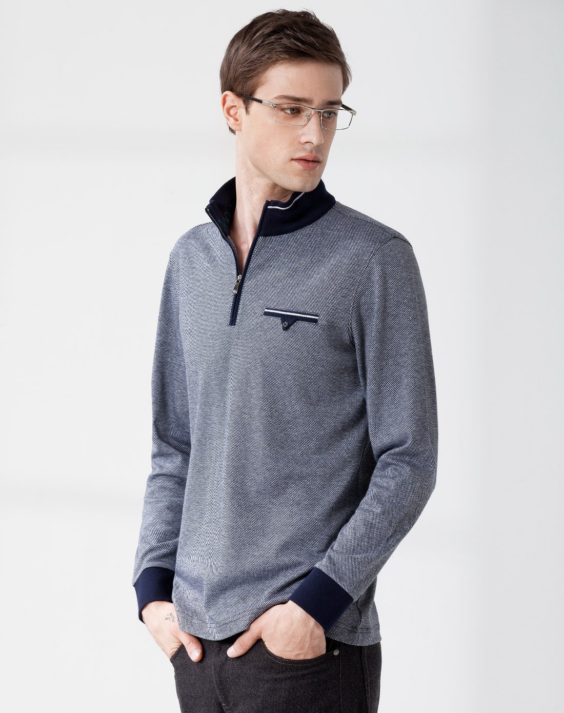 经典男士撞色立领拉链半开胸纯棉长袖斜条纹t恤