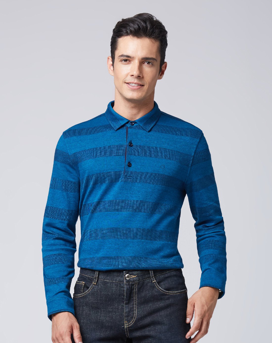 新品 纯棉柔软条纹提花翻领polo长袖t恤