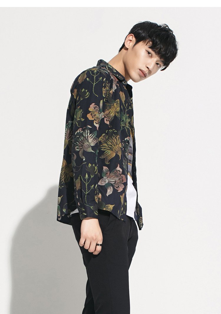 新款花衬衫男长袖韩版个性印花休闲碎花衬衣