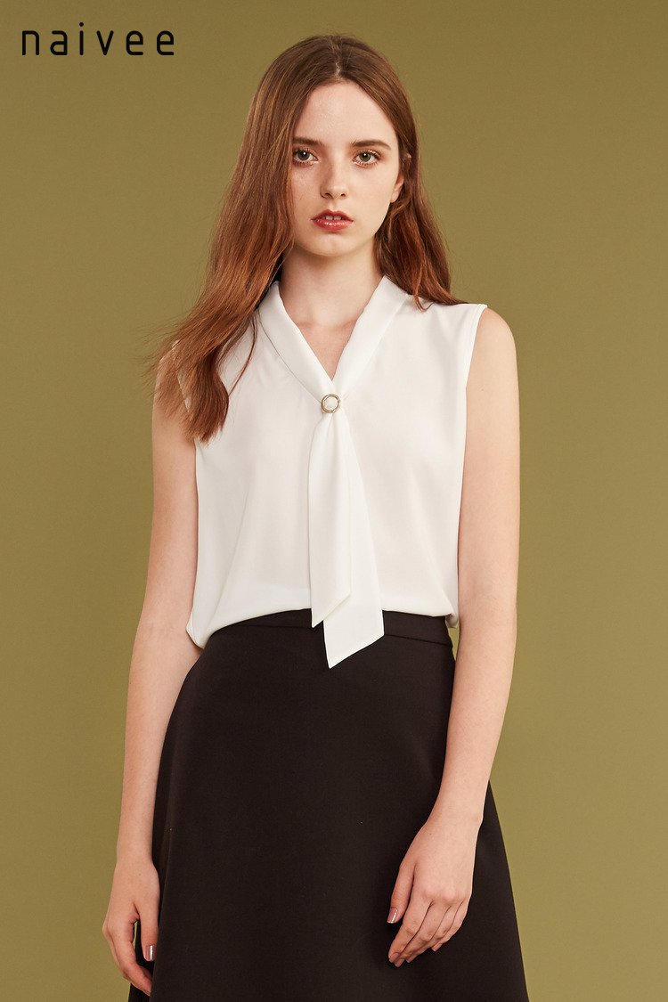 纳薇法式chic时尚v领宽松无袖飘带衬衫