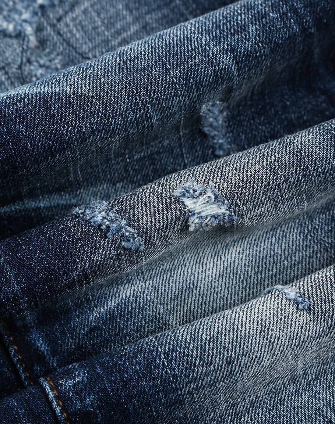 男士秋装后袋闪电拳头图案绣花吊磨工艺牛仔长裤