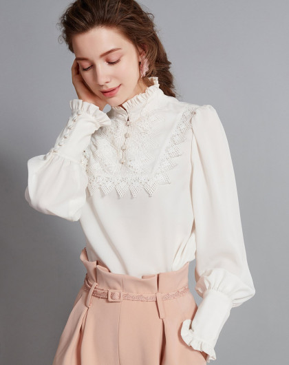 artka阿卡复古优雅立领花边灯笼袖衬衫