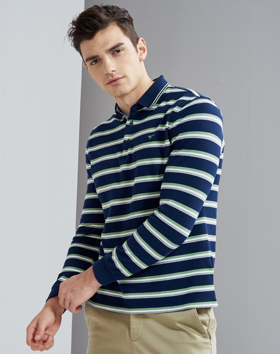 新品男士时尚条纹翻领长袖polot恤