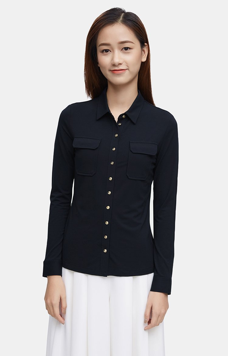 翻领修身长袖衬衫