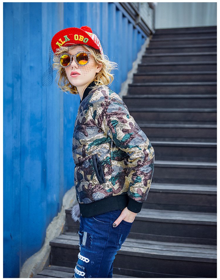 玛玛绨maxmarti女装专场 个性迷彩亮片棒球领羽绒服