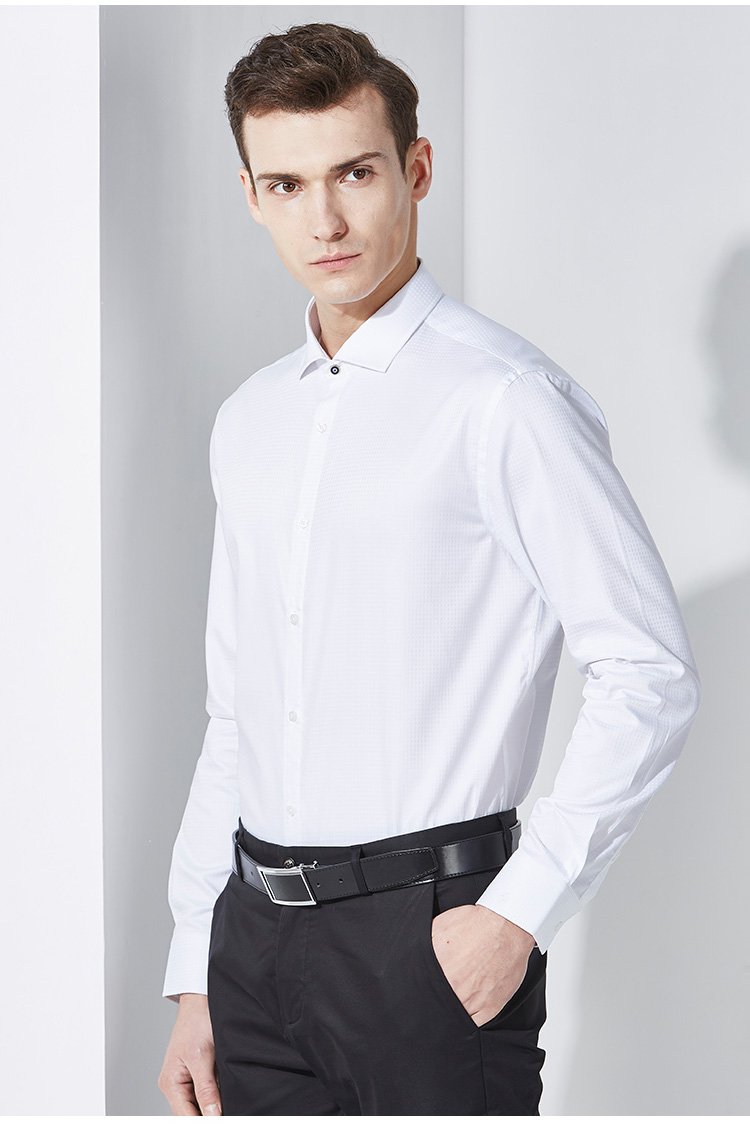 法派春秋男士正装长袖衬衫纯棉格纹衬衣男商务纯色修身