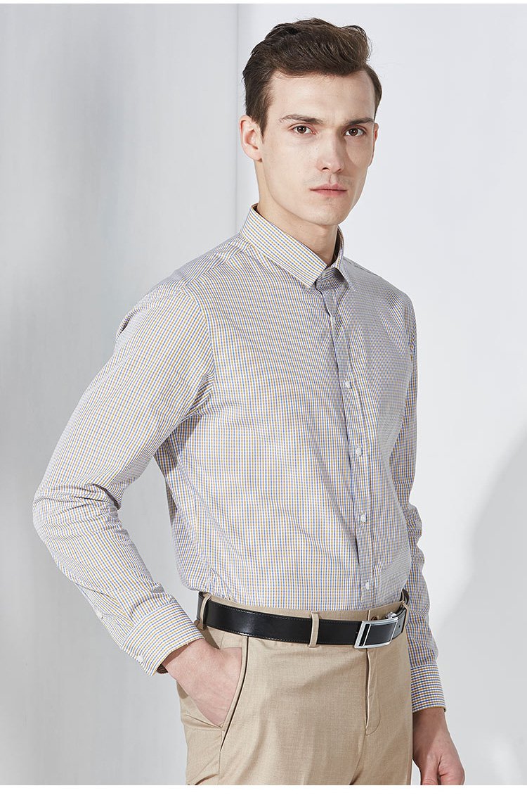 法派春秋新款男士商务长袖衬衫纯棉格纹衬衣男修身男衬衫