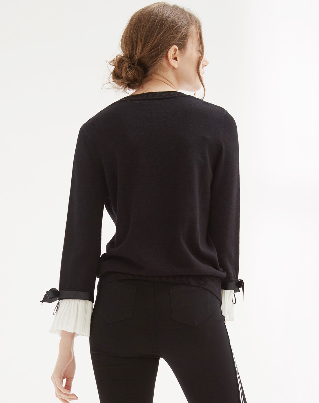 池希zara风淑女款拼接百褶袖口针织衫