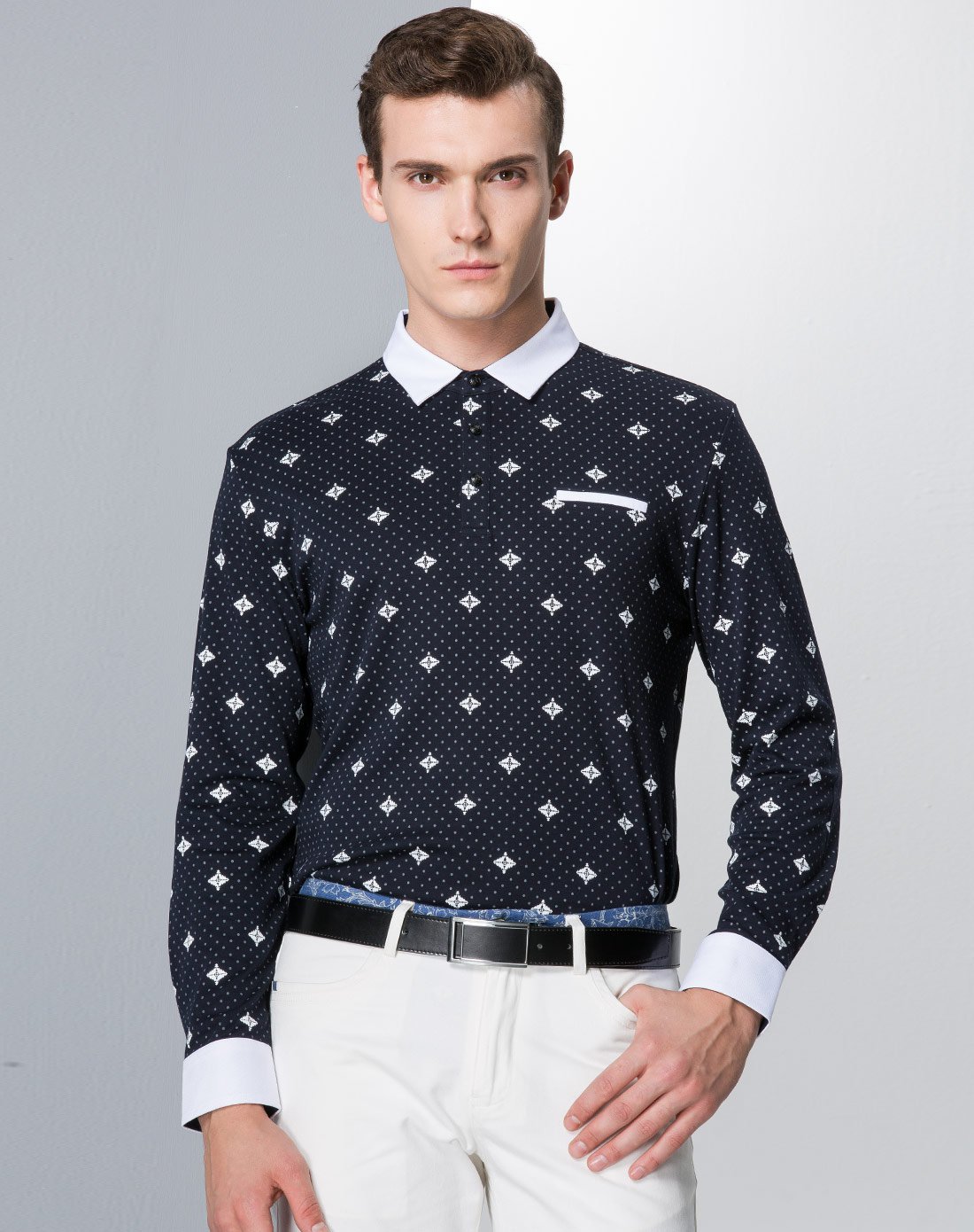 法派fapai男装专场 法派春秋男士翻领商务休闲polo衫长袖圆点t恤衫男