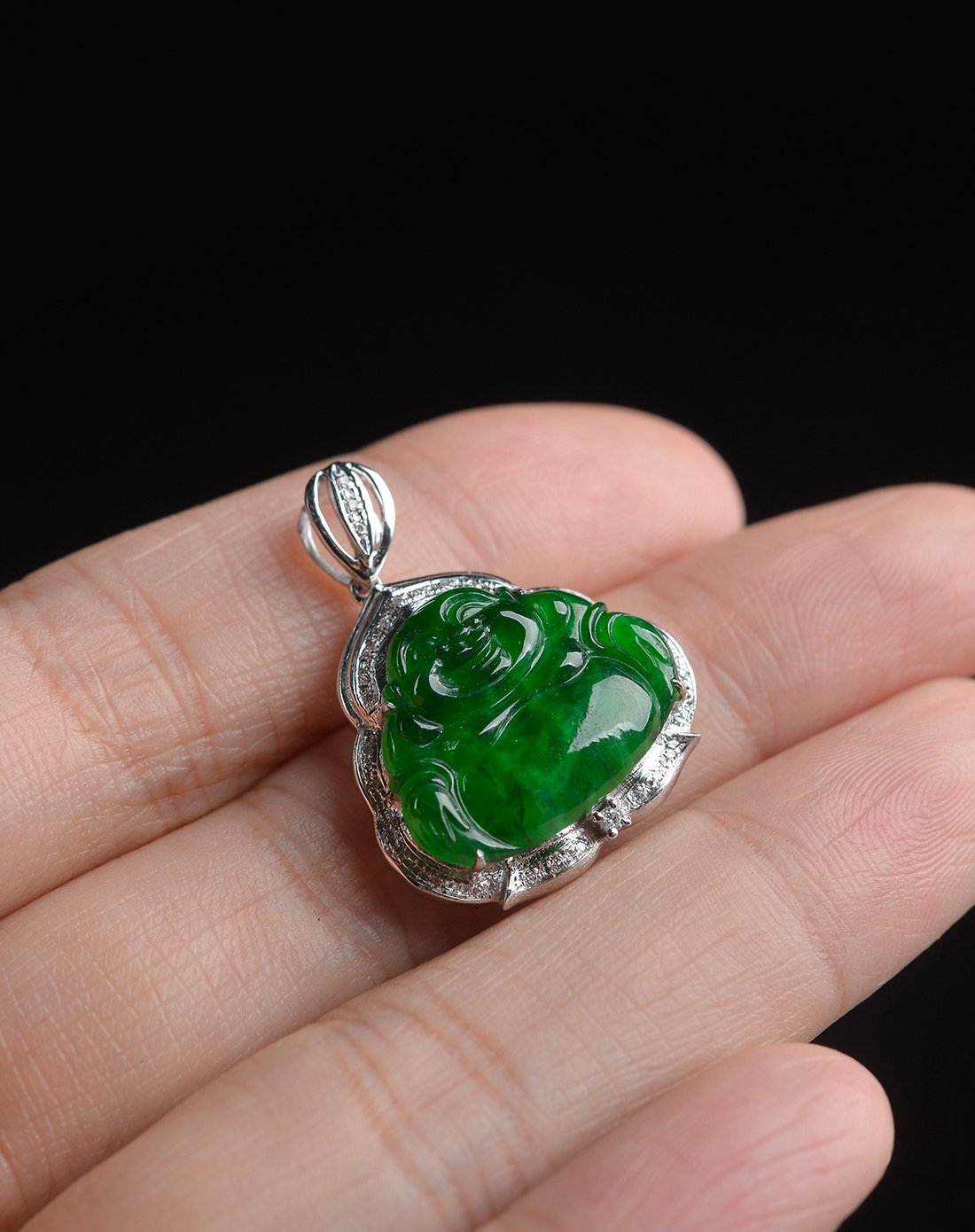 亿珍阁 18k白金包边a货翡翠吊坠满绿玉佛玉挂件附证书