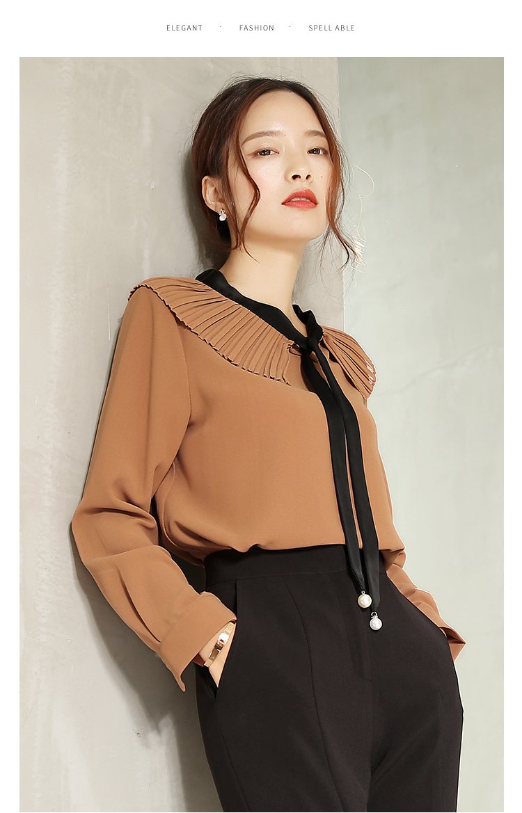 【2017年秋装新款】慕诗涵 风琴领蝴蝶结珍珠长袖t恤女