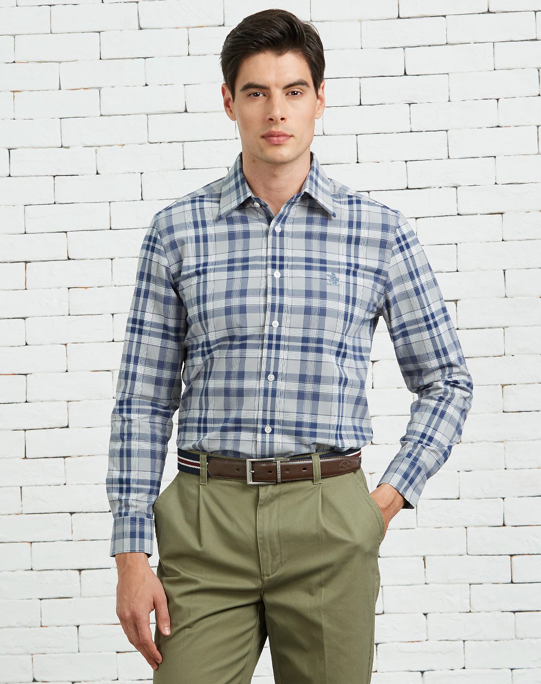 圣大保罗全棉休闲格子男款长袖衬衣