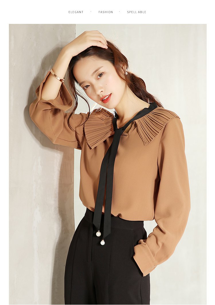 【2017年秋装新款】慕诗涵 风琴领蝴蝶结珍珠长袖t恤女