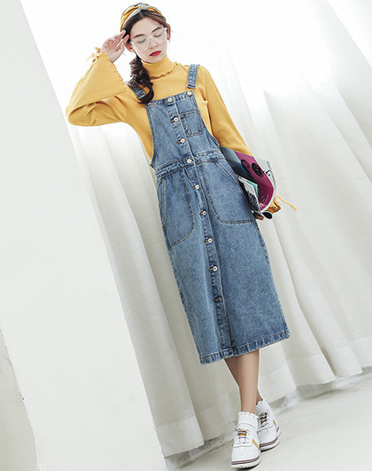 新款时尚高腰牛仔半身裙过膝中长款a字背带裙连衣裙