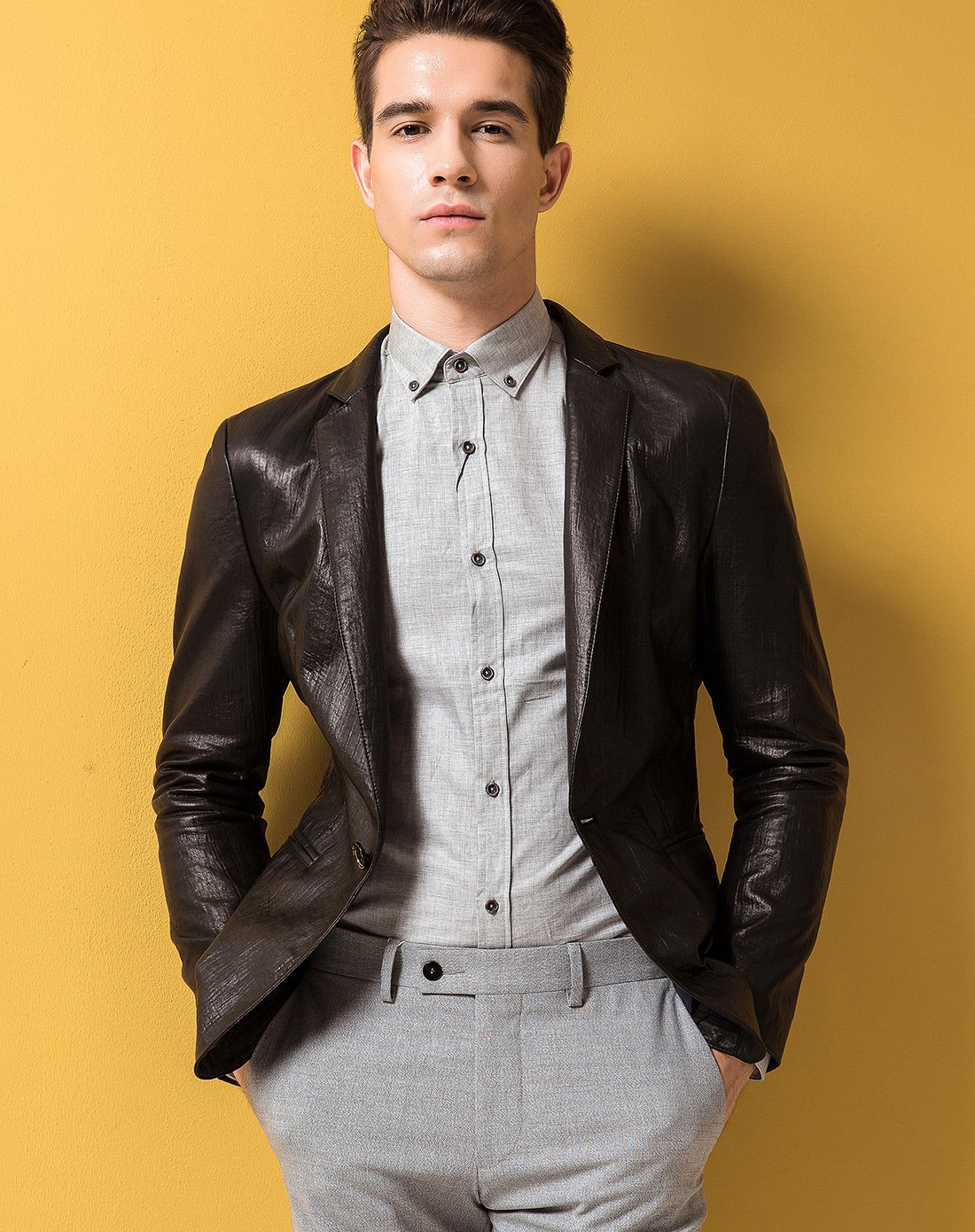 轻奢单层亚麻里布羊皮西服修身抗皱皮衣