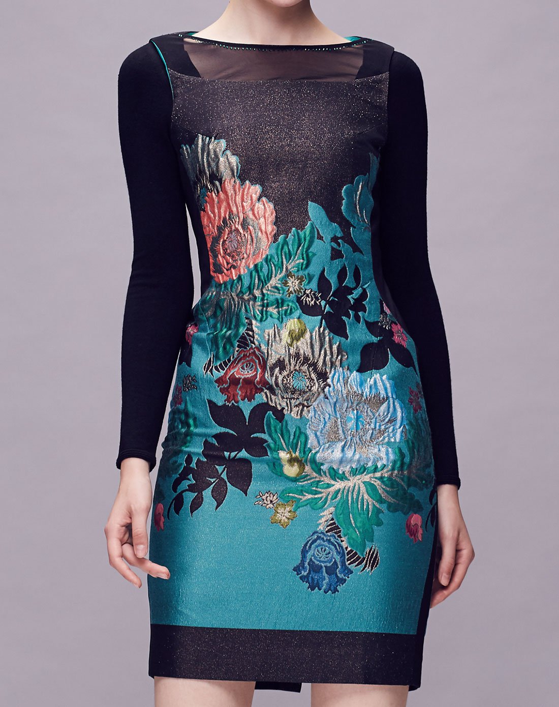 织金抽象芙蓉花拼黑色圆领直身连衣裙