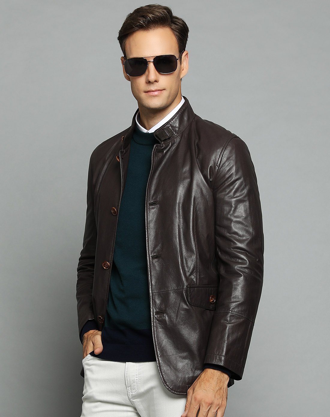 皮衣节-圣宝龙saintpaulon男装专场 个性百搭纽扣水波纹立领多口袋